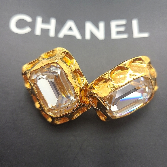 Rare Vitage Chanel Gold Plated Clear Strass Crystal Rectangle Clip On Earrings - Picture 5 of 13